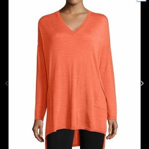 Eileen Fisher Merino Wool Orange V-Neck Long Tunic Top